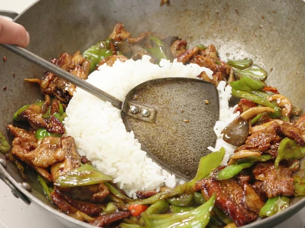 Une portion de riz blanc incorporée au centre du plat sauté final dans un wok.