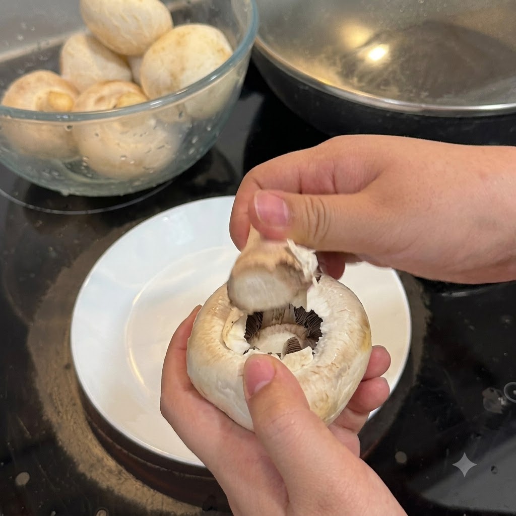 Gros plan de mains retirant la couche externe dun champignon de Paris blanc au-dessus dune assiette blanche.