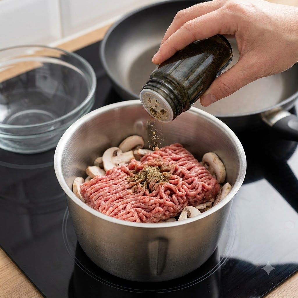 Une cuillère de sucre blanc versée dun pot dans un bol de mélange en métal rempli de bœuf haché cru et de champignons tranchés.