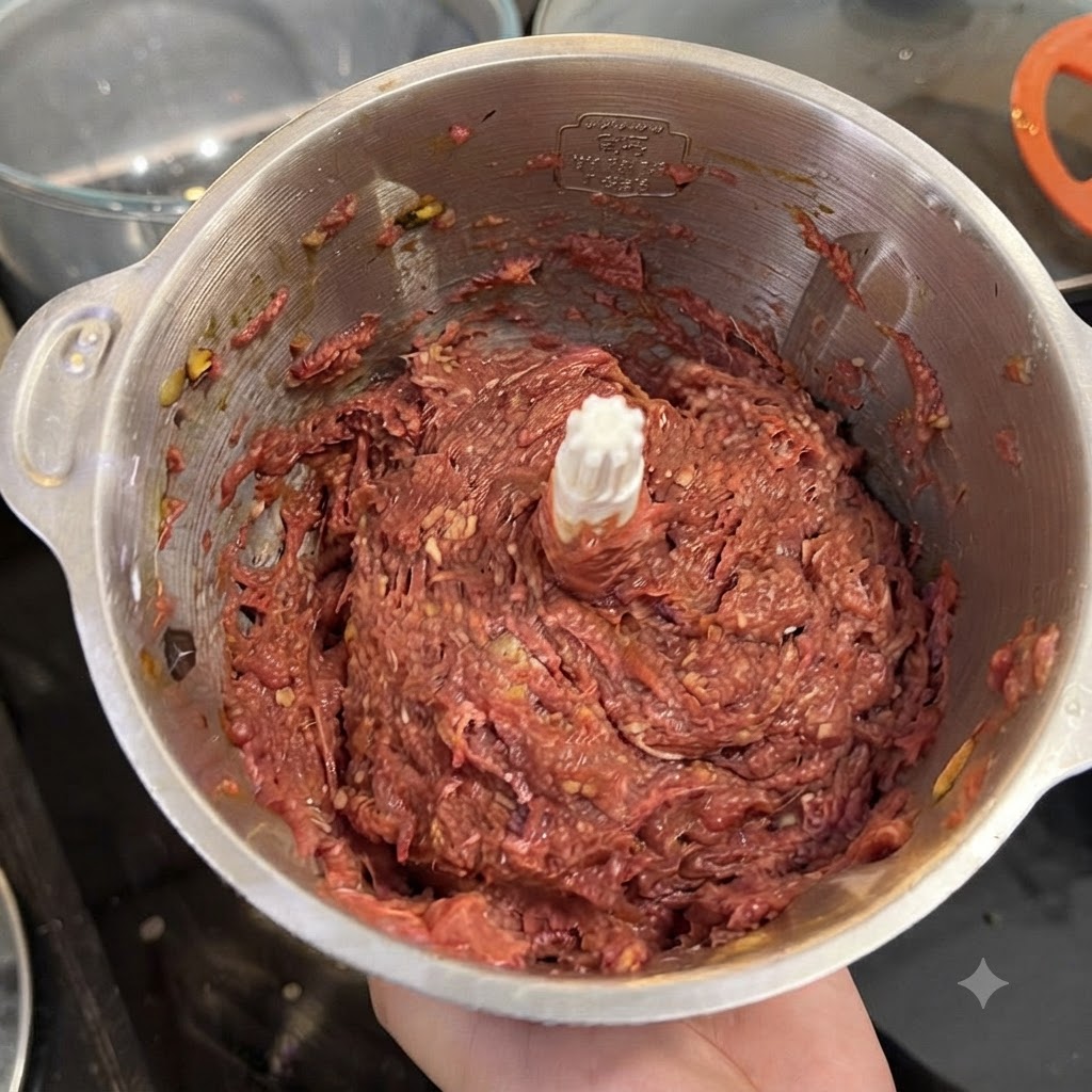 Vue de dessus dun bol de robot culinaire en acier inoxydable rempli dune pâte de viande rouge foncé finement mixée.