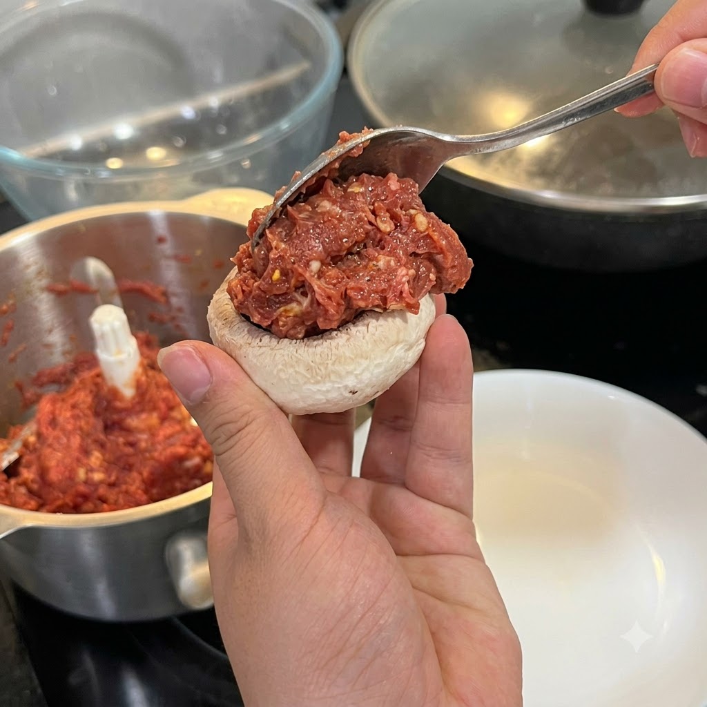 Une main tenant une tête de champignon de Paris blanche pendant quune cuillère y ajoute un dôme de pâte de viande crue.