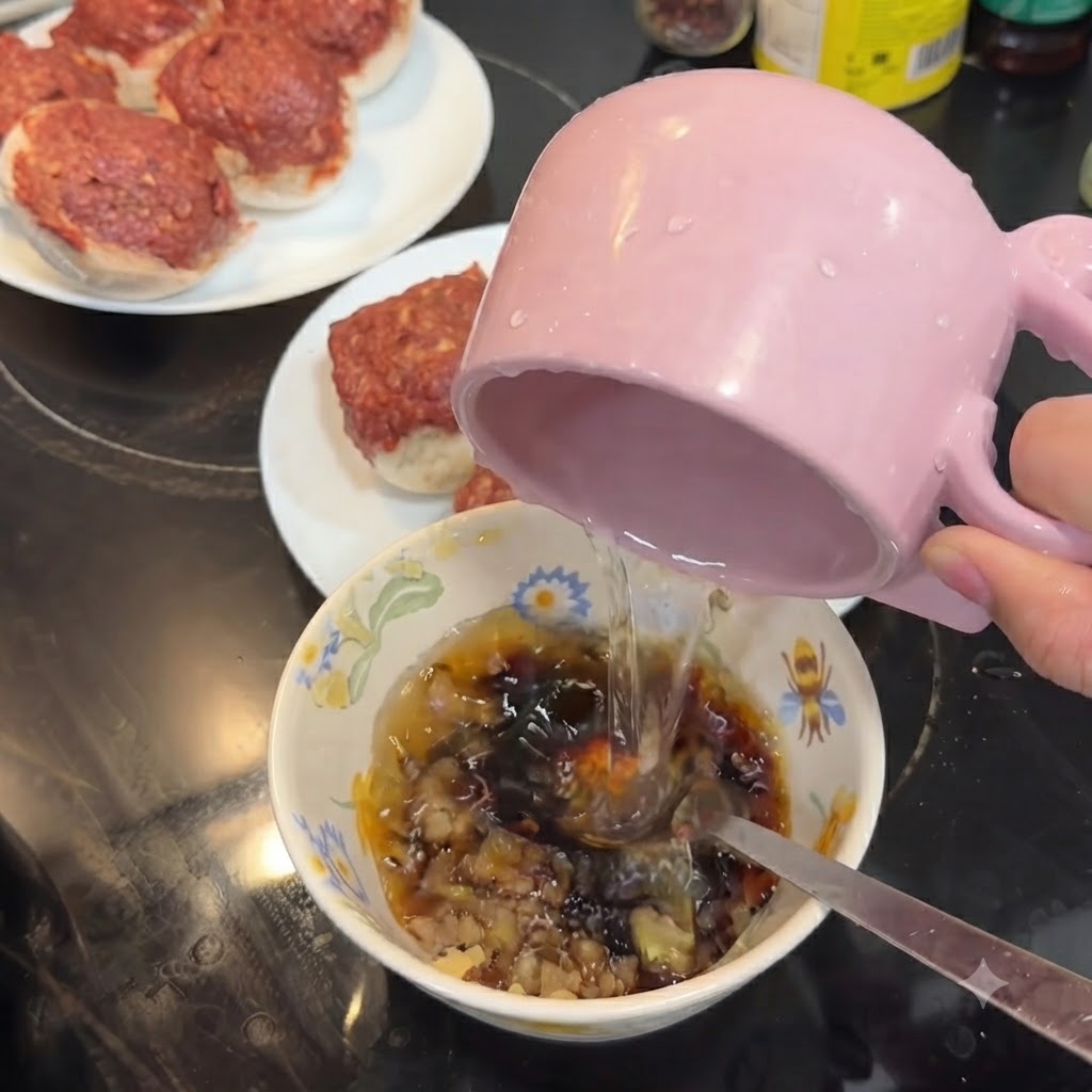 Un bol en céramique à motifs contenant une sauce foncée et de lail haché au moment où de leau propre y est versée depuis une pichet rose.