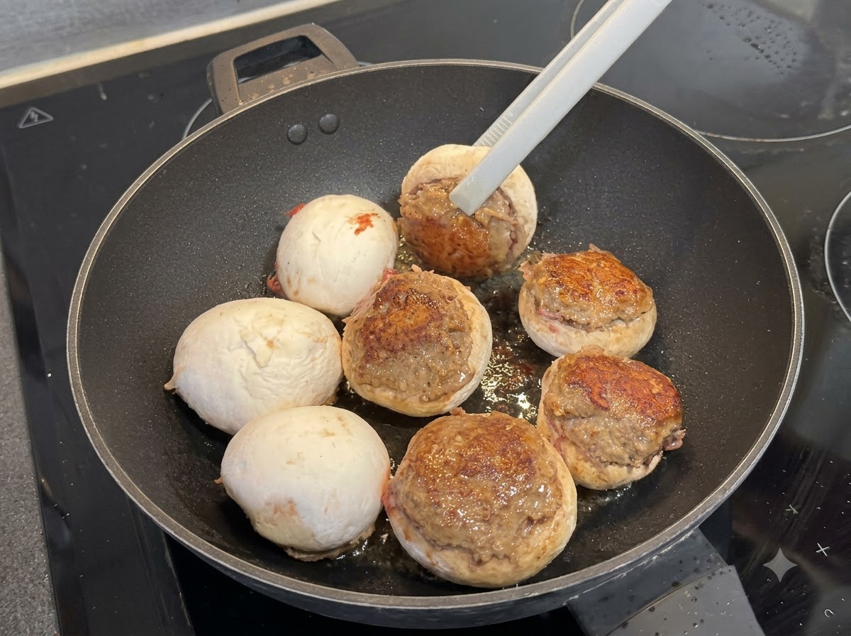 Des pinces à embout silicone retournant un champignon farci dans une poêle, révélant une croûte de viande dorée.