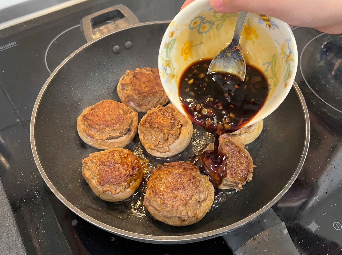 Un bol versant une sauce à lail foncée sur des champignons farcis saisis dans une poêle.