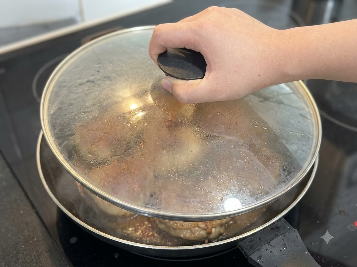 Un couvercle en verre posé sur le dessus dune poêle pour couvrir les champignons farcis en train de mijoter.