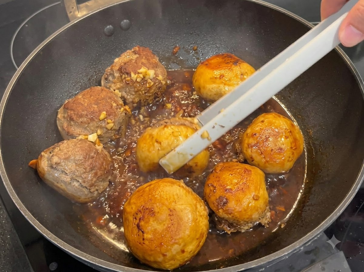 Des pinces retournant des champignons farcis en train de mijoter dans une sauce foncée qui épaissit.