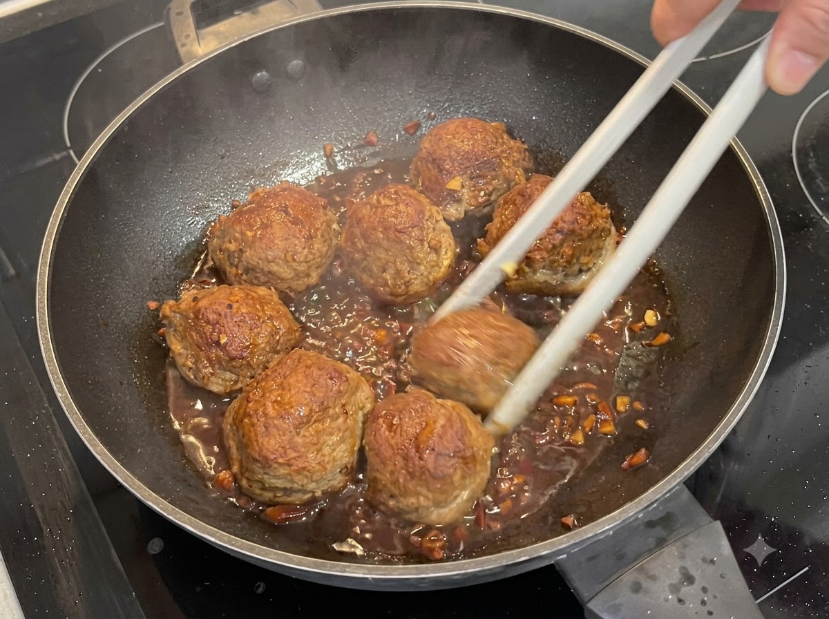 Des graines de sésame blanc et des oignons verts hachés saupoudrés dun secoueur sur des champignons farcis glacés mijotant dans une poêle.
