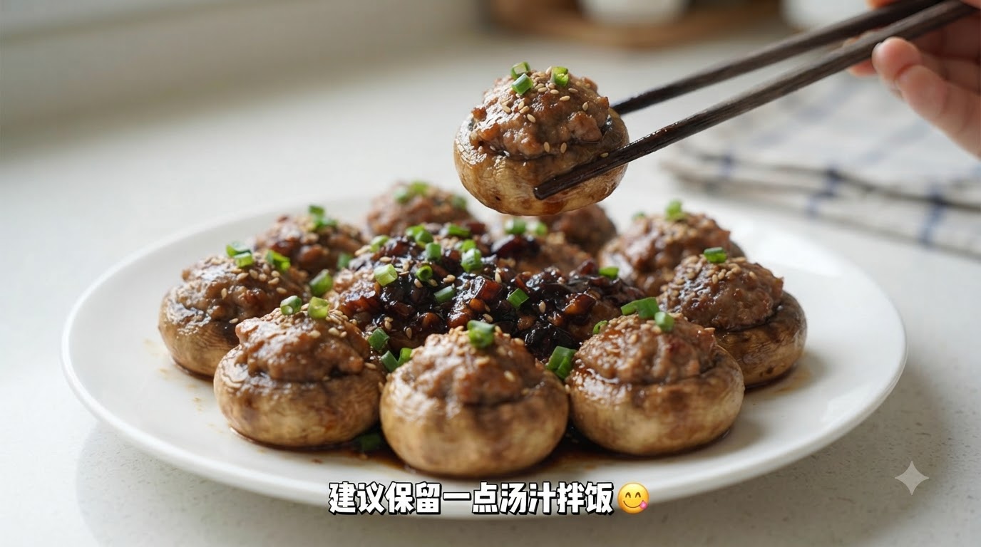 Gros plan sur des champignons de Paris farcis à la viande, dorés à la poêle, nappés dune riche sauce soja à lail et parsemés de graines de sésame