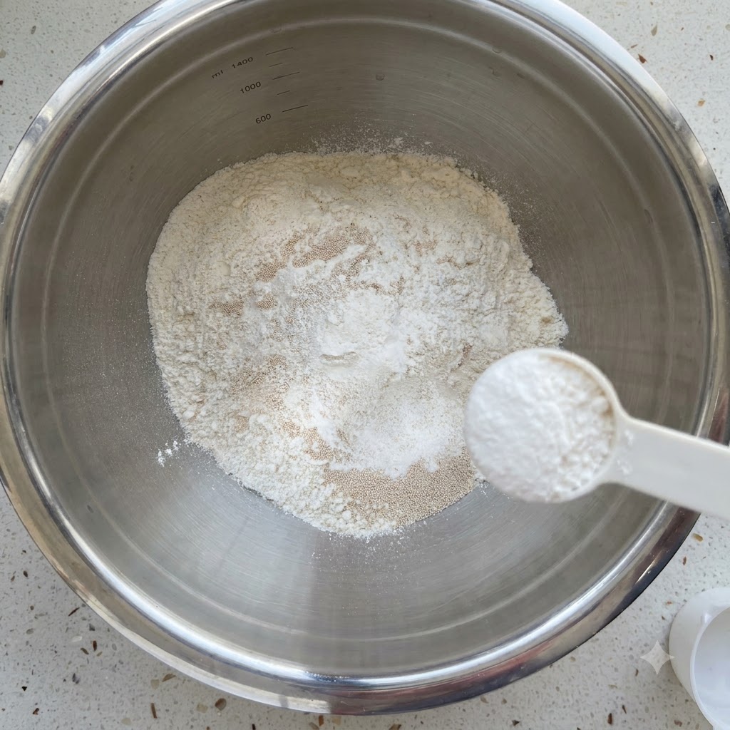 Ingrédients secs et cuillère doseuse dans un grand bol en acier inoxydable avec de leau ajoutée.