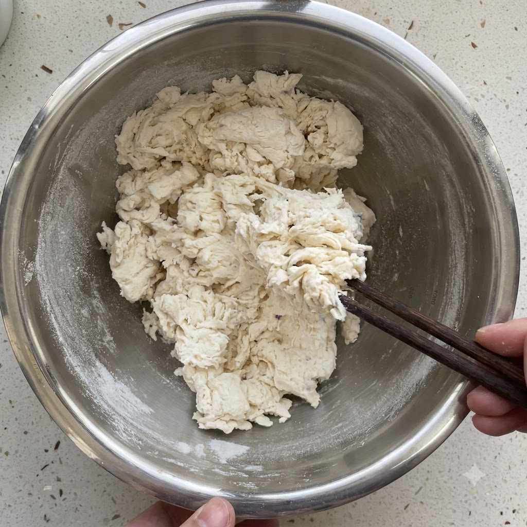 Pâte friable en cours de mélange et de pétrissage avec des baguettes dans un bol en métal.