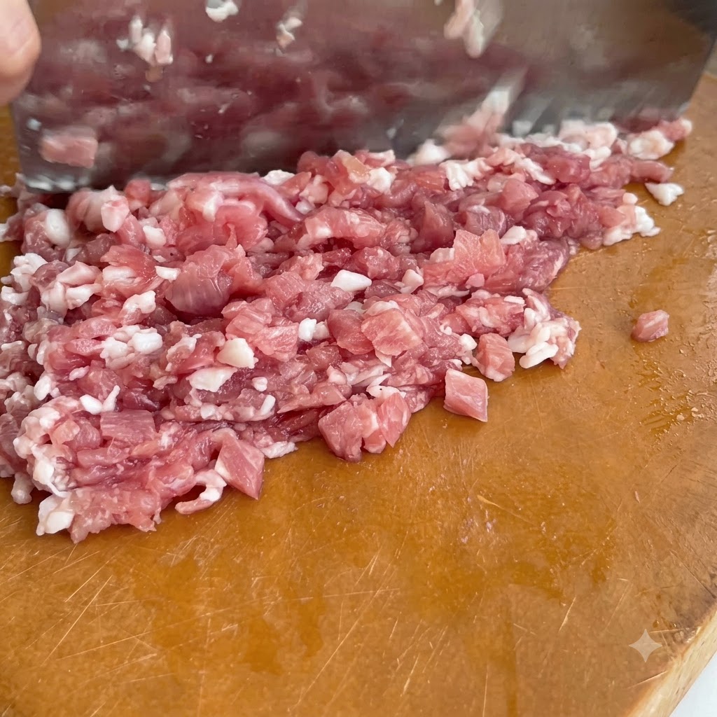 Viande de porc crue coupée en petits morceaux avec un grand couteau sur une planche à découper en bois.
