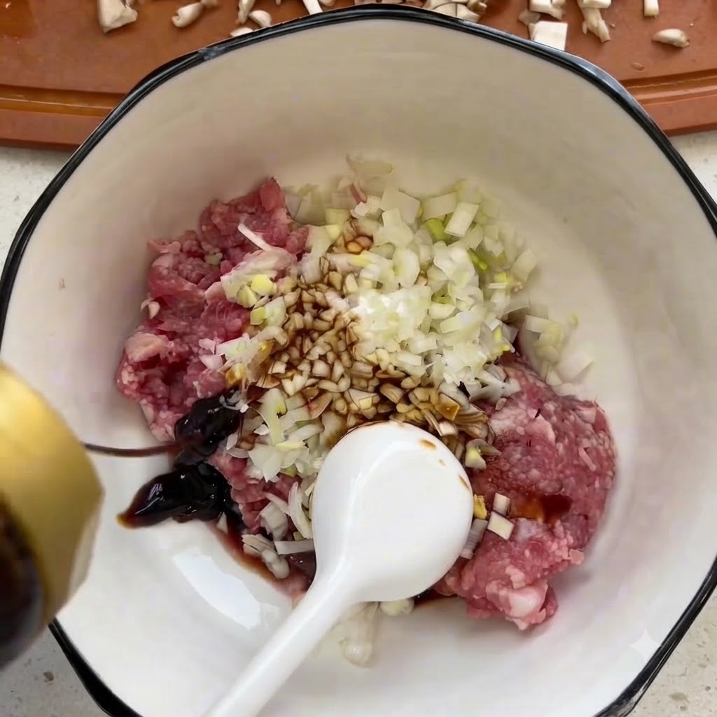 Viande hachée dans un bol blanc mélangée avec des champignons shiitake hachés et des assaisonnements liquides.