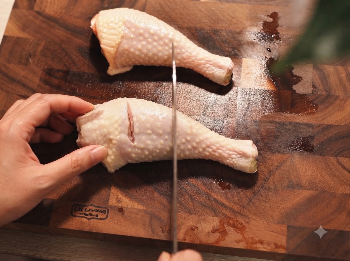 Des mains incisant des pilons de poulet crus avec un couteau bien aiguisé sur une planche à découper en bois.