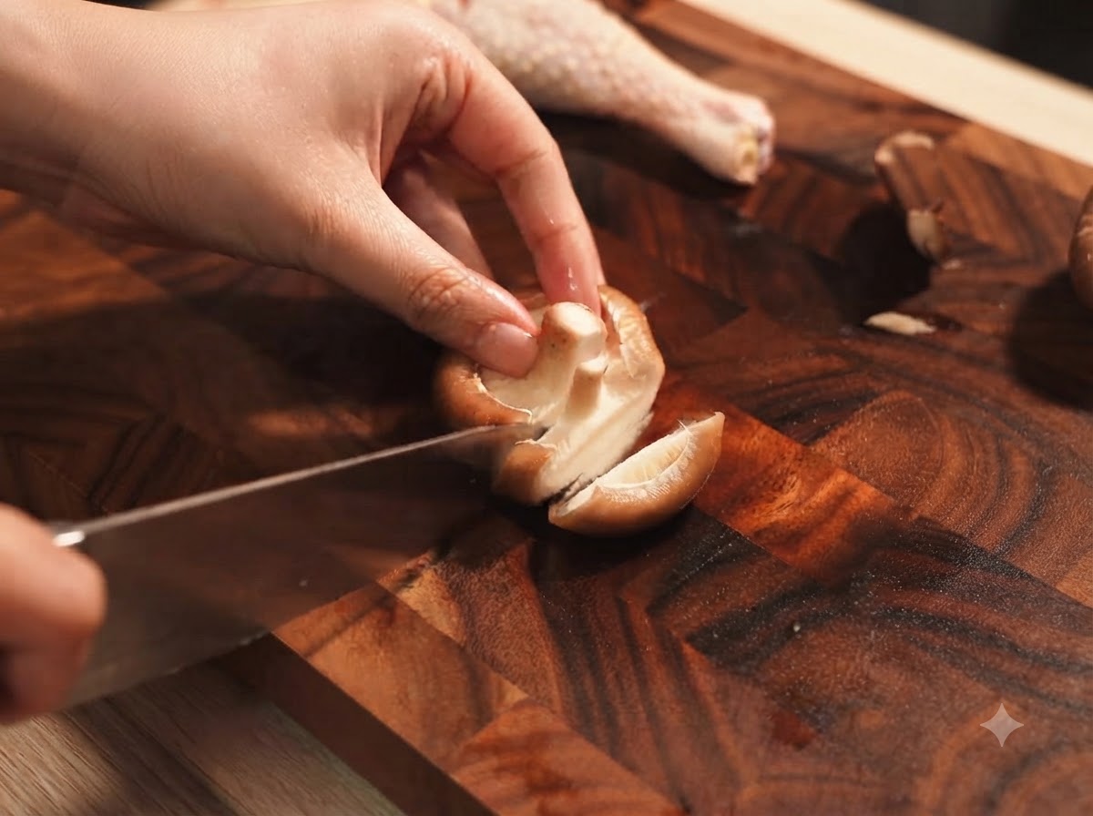 Des champignons shiitake frais en train dêtre tranchés avec un couteau sur une planche à découper en bois.