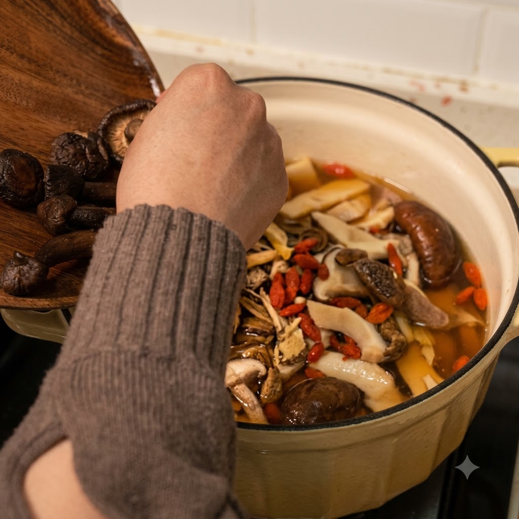 Des champignons frais et réhydratés assortis versés dune assiette en bois dans la casserole.
