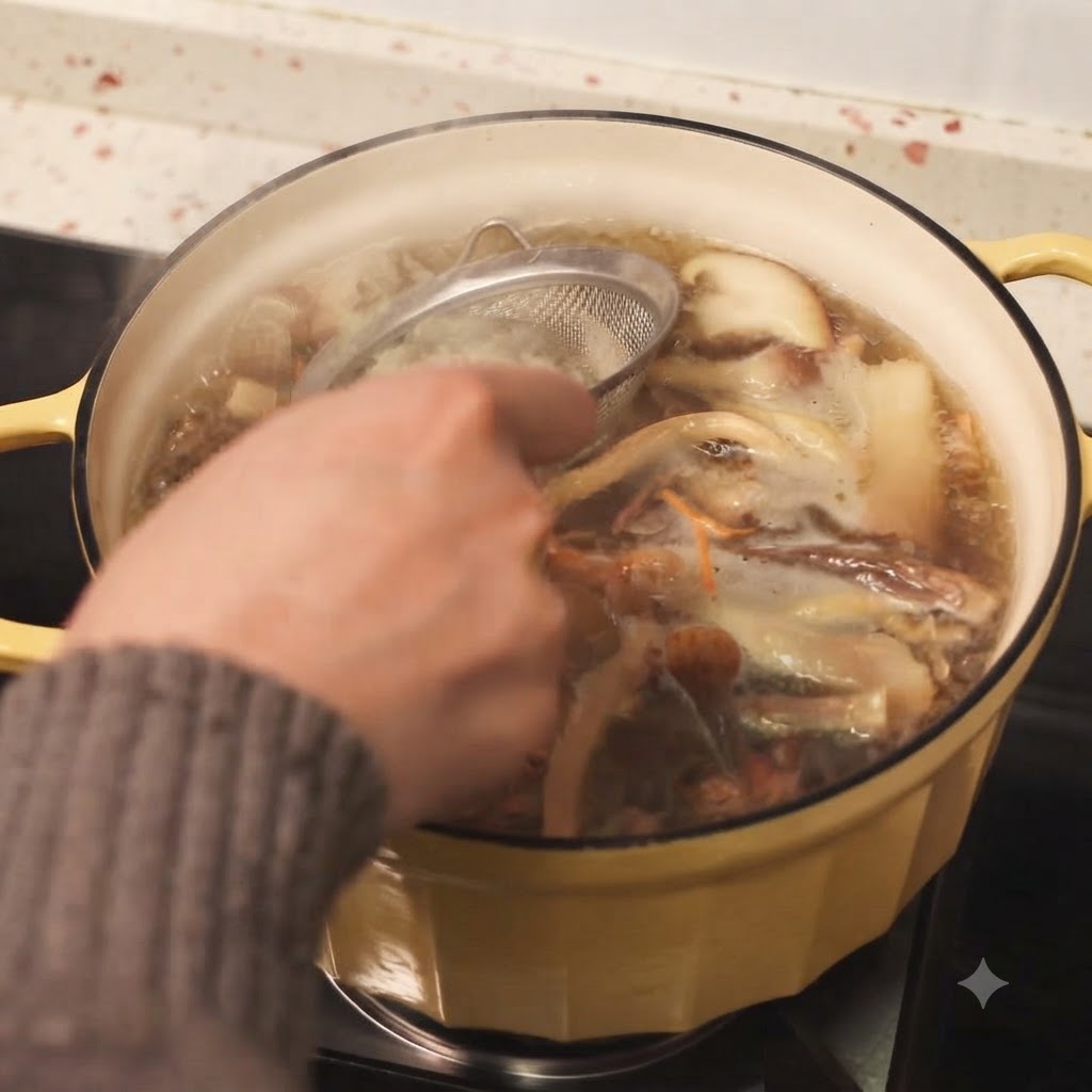 Une main utilisant une petite écumoire pour retirer la mousse dune casserole de soupe au poulet en ébullition.