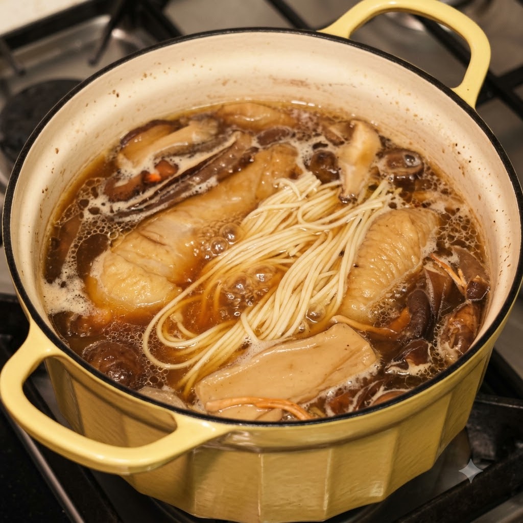 Une casserole de soupe de nouilles au poulet et aux champignons cuisant sur la cuisinière.