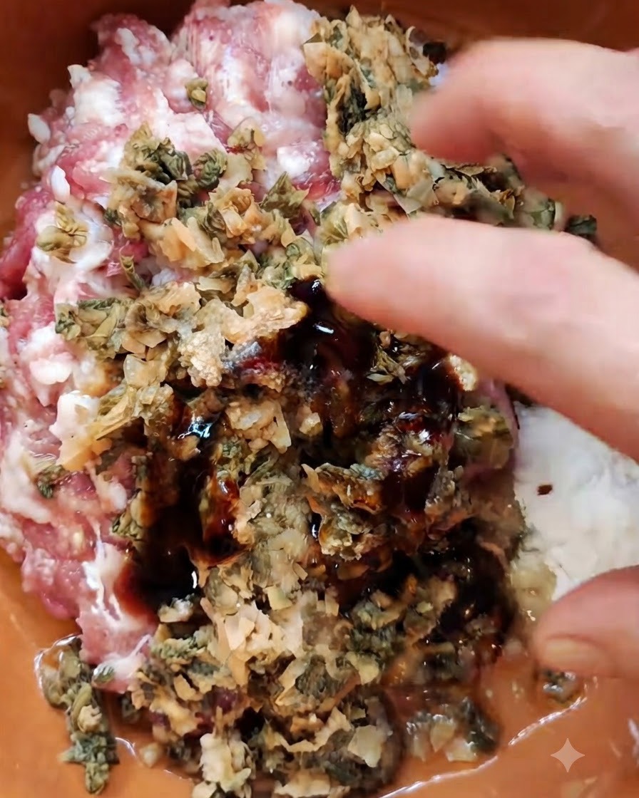 Une main combinant du porc haché, de la moutarde fermentée hachée et des assaisonnements dans un bol marron.