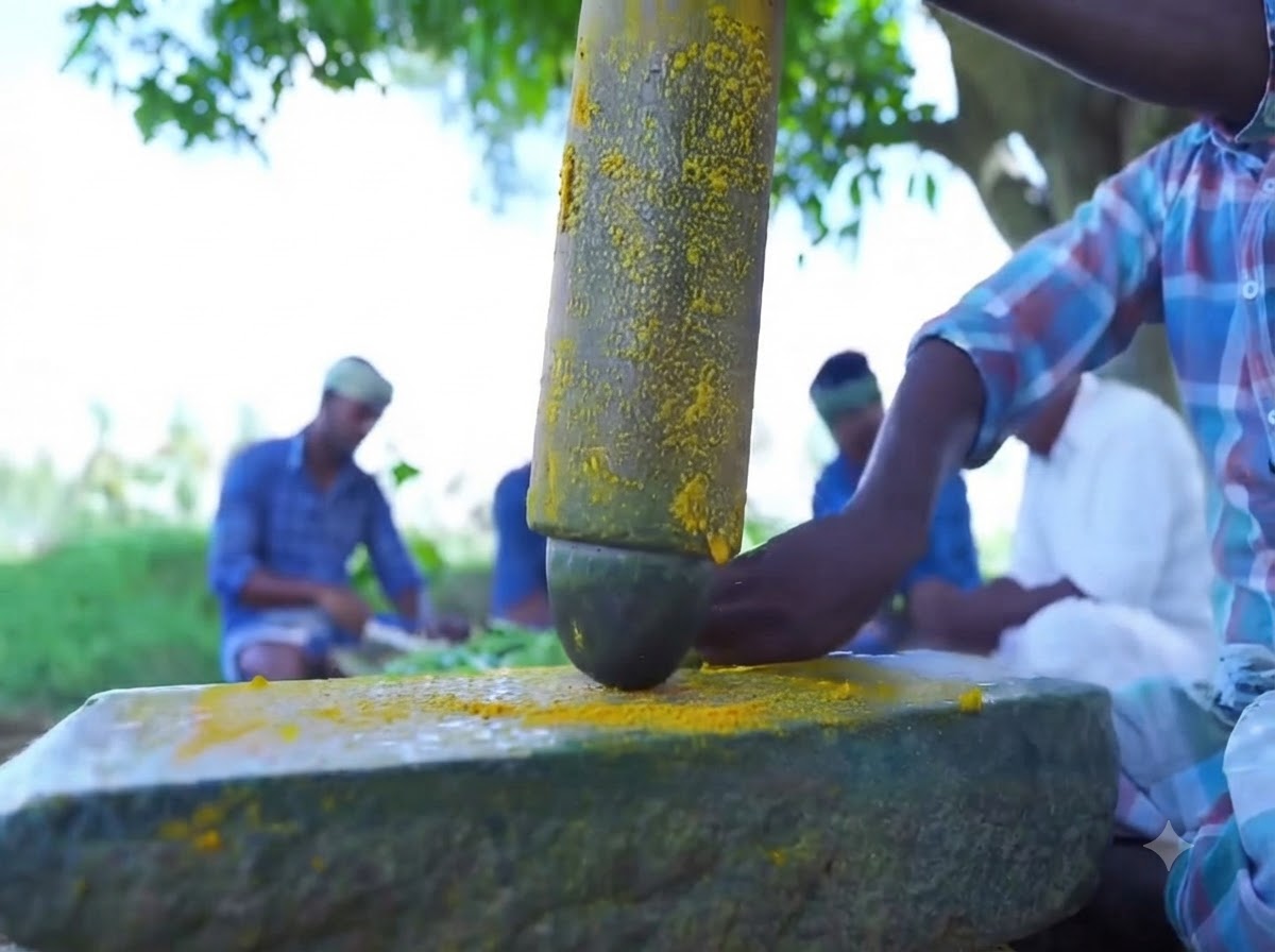 Un rouleau à pâtisserie en pierre écrasant du gingembre cru en une pâte jaune sur une dalle de pierre.