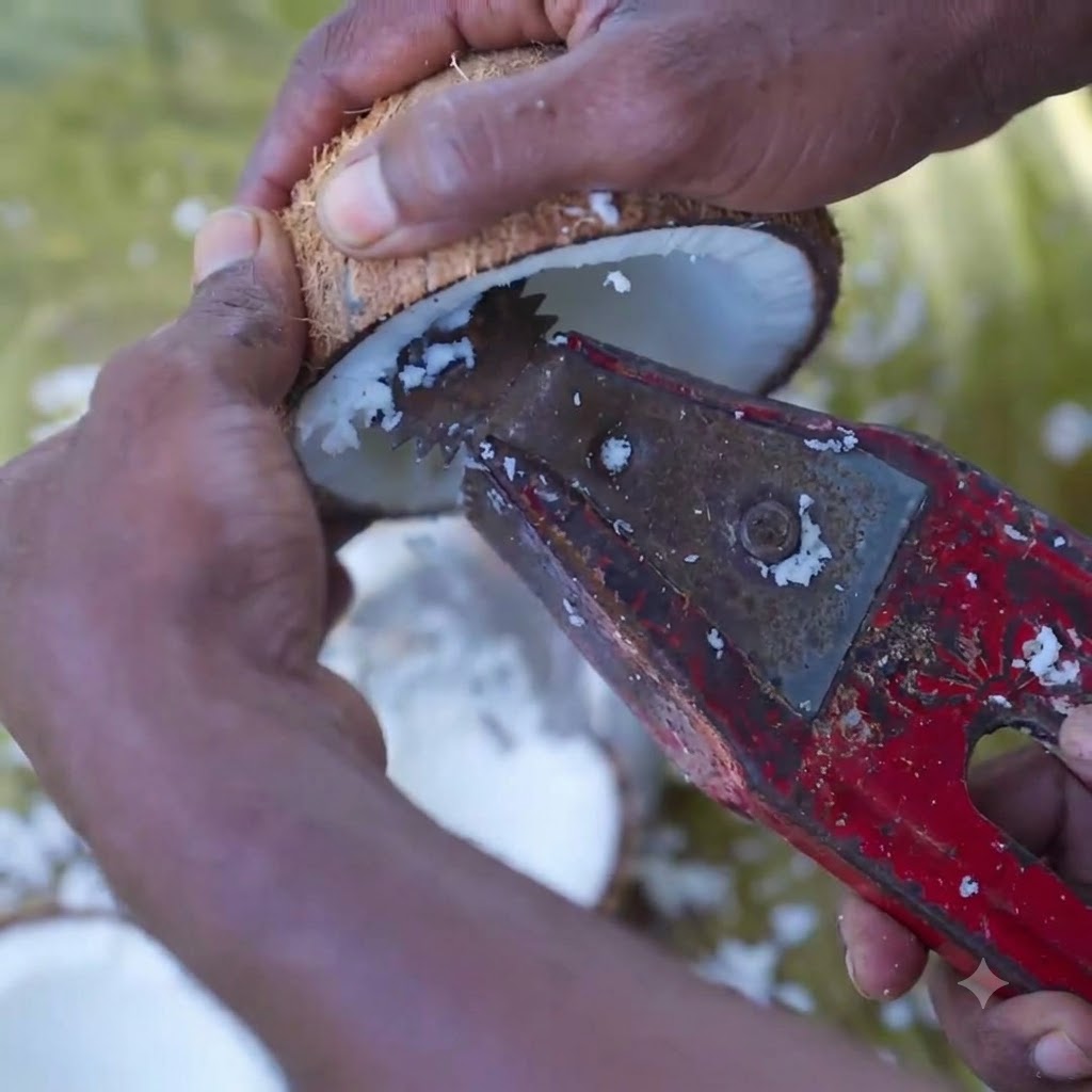 Une vue rapprochée de la chair de coco blanche fraîche en train dêtre raclée dune moitié de noix de coco à laide dun grattoir à main en métal traditionnel.