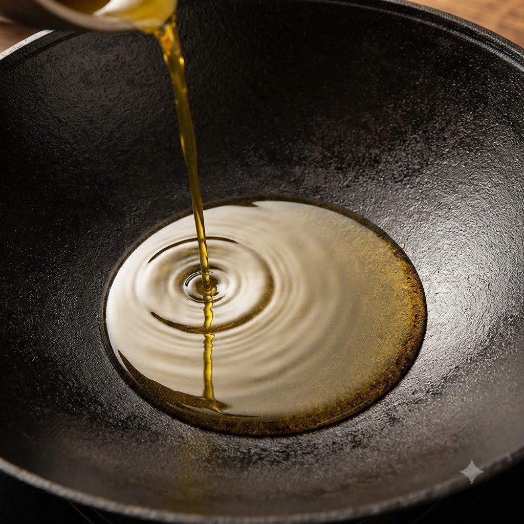 De lhuile de cuisson versée par le haut dans un grand wok en fer noir bien rodé, créant des ondulations à la surface.
