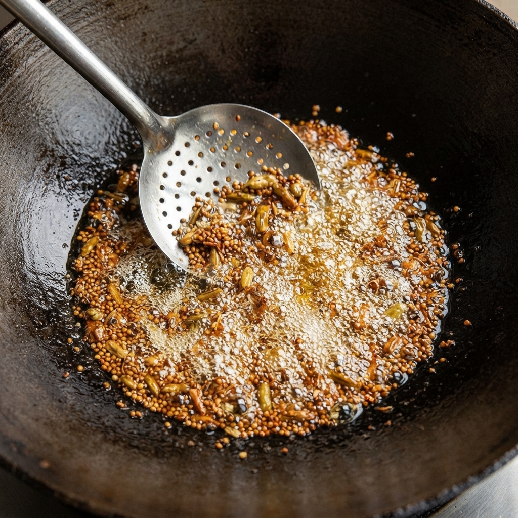 Des graines de moutarde et des lentilles en train de frire et de bouillonner vigoureusement dans de lhuile chaude à lintérieur dun grand wok en fer, remuées avec une cuillère à سك.