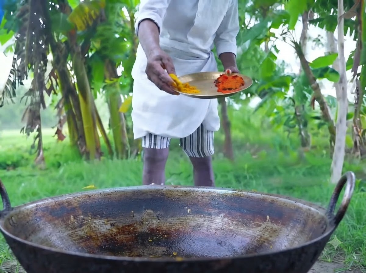 Un chef tenant une assiette en laiton avec de la pâte de gingembre jaune et de la pâte de piment rouge au-dessus dune grande cocotte en fer.