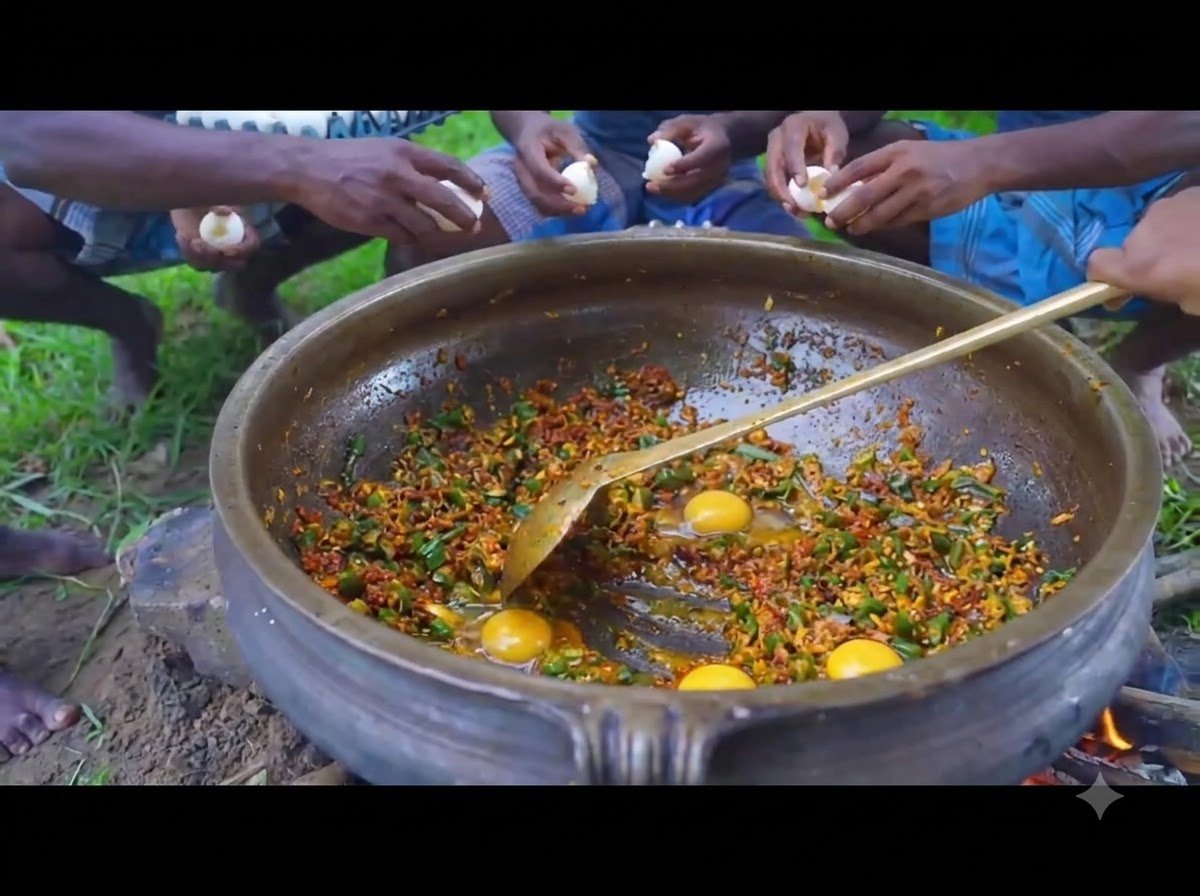 Plusieurs mains cassant des œufs crus directement dans une grande cocotte en fer remplie dun mélange de légumes épicés.