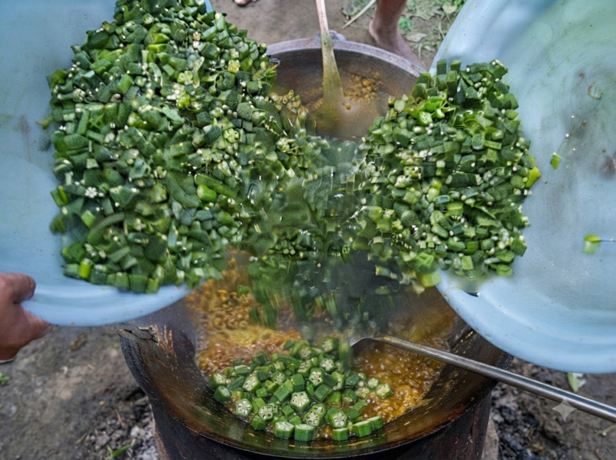 Deux bassins bleus versant des gombos verts coupés dans une grande cocotte en fer contenant le mélange dœufs et dépices cuit.