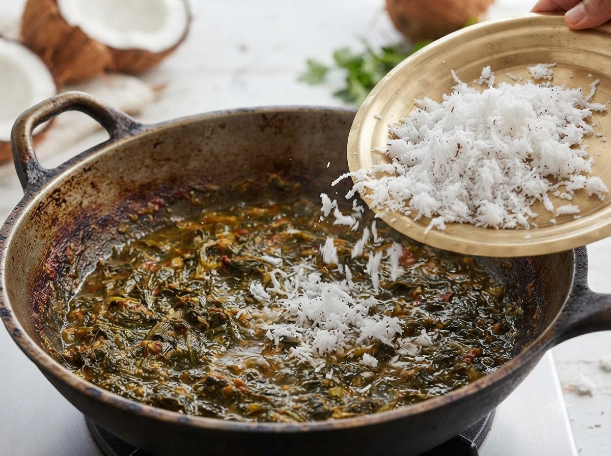 Une assiette en laiton contenant de la noix de coco blanche fraîchement râpée en train dêtre saupoudrée dans un pot de nourriture sombre et frémissant.