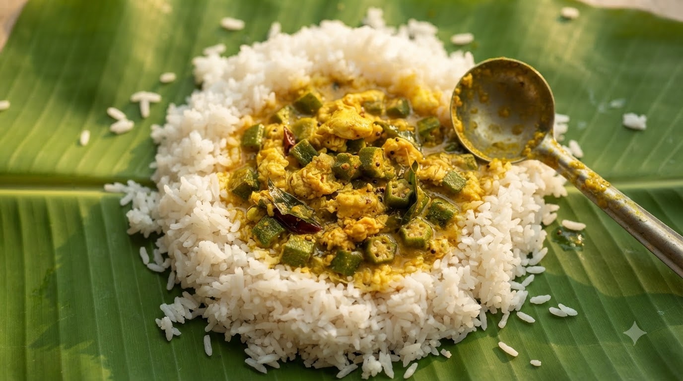 Une portion de curry indien de gombo et dœufs nappée sur du riz blanc moelleux posé sur une feuille de bananier vert frais.