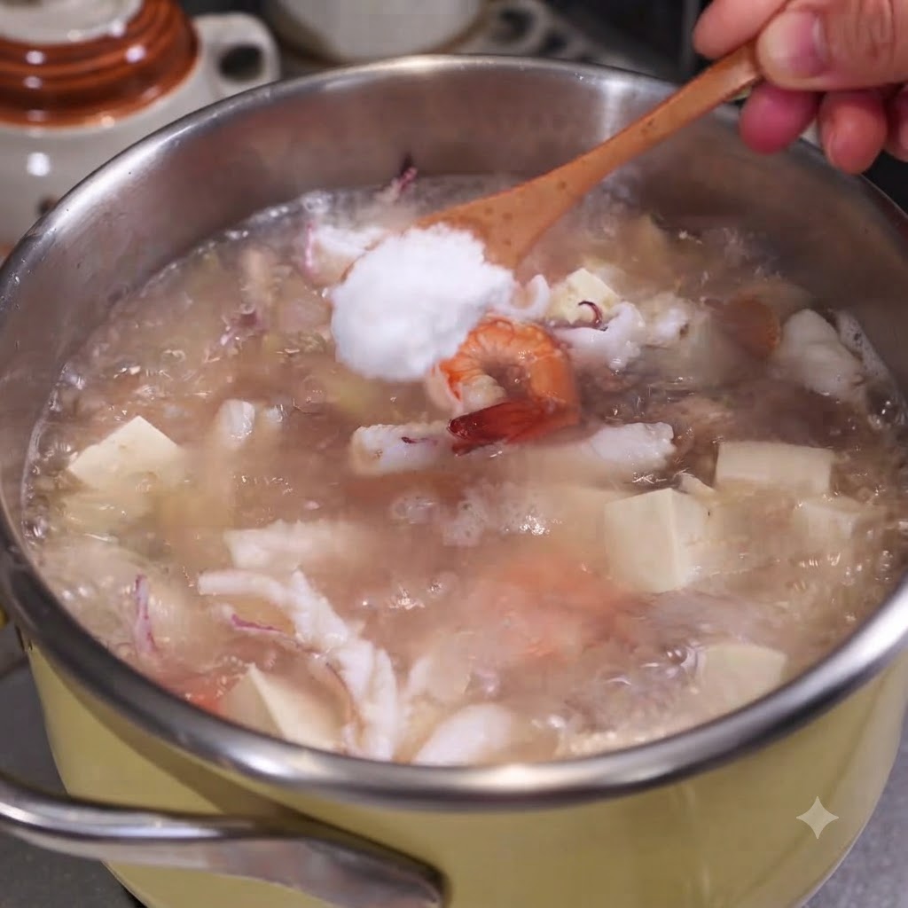 Une cuillerée de sel ajoutée à une marmite frémissante de soupe aux fruits de mer et au tofu.