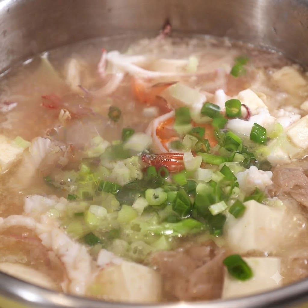 De la cébette et du céleri émincés parsemés sur une casserole de soupe de fruits de mer.