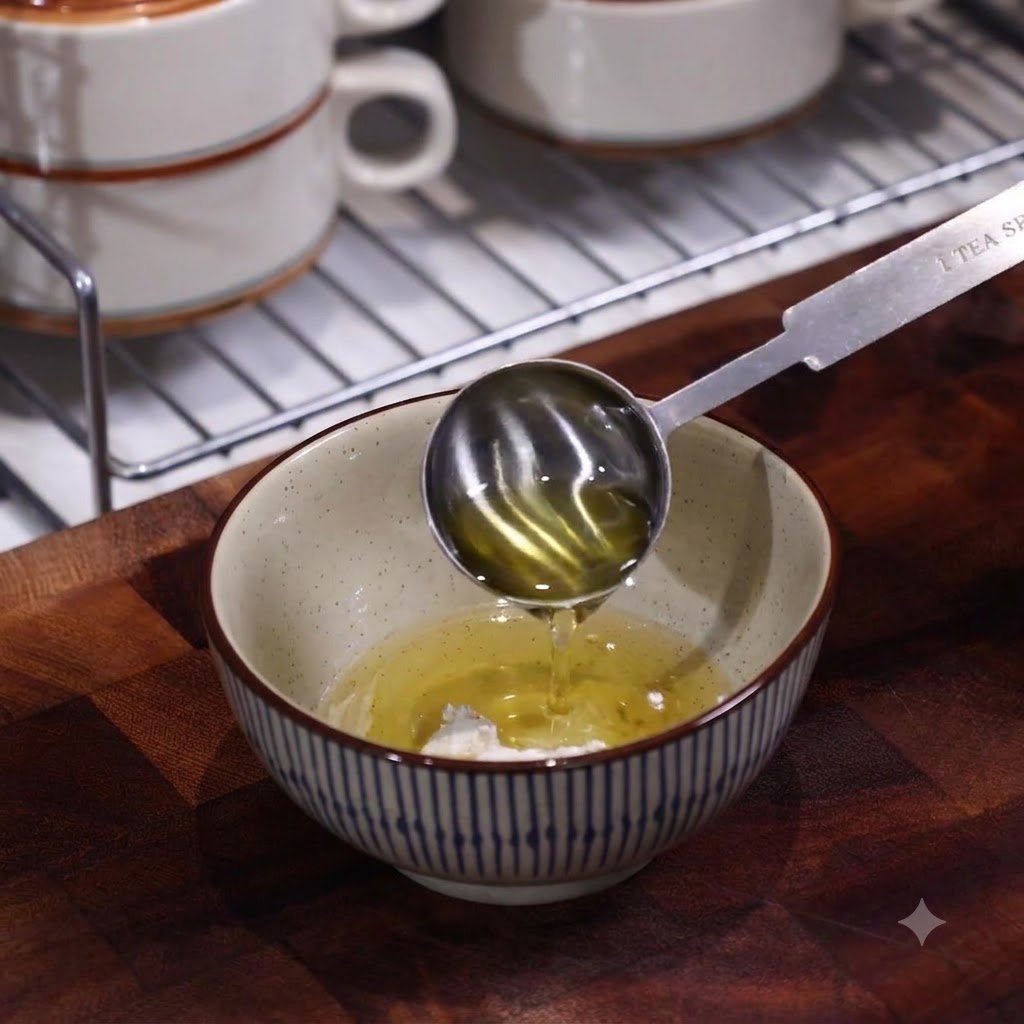 De lhuile versée dune cuillère dans un petit bol contenant de la farine et de leau pour la pâte à raviolis.
