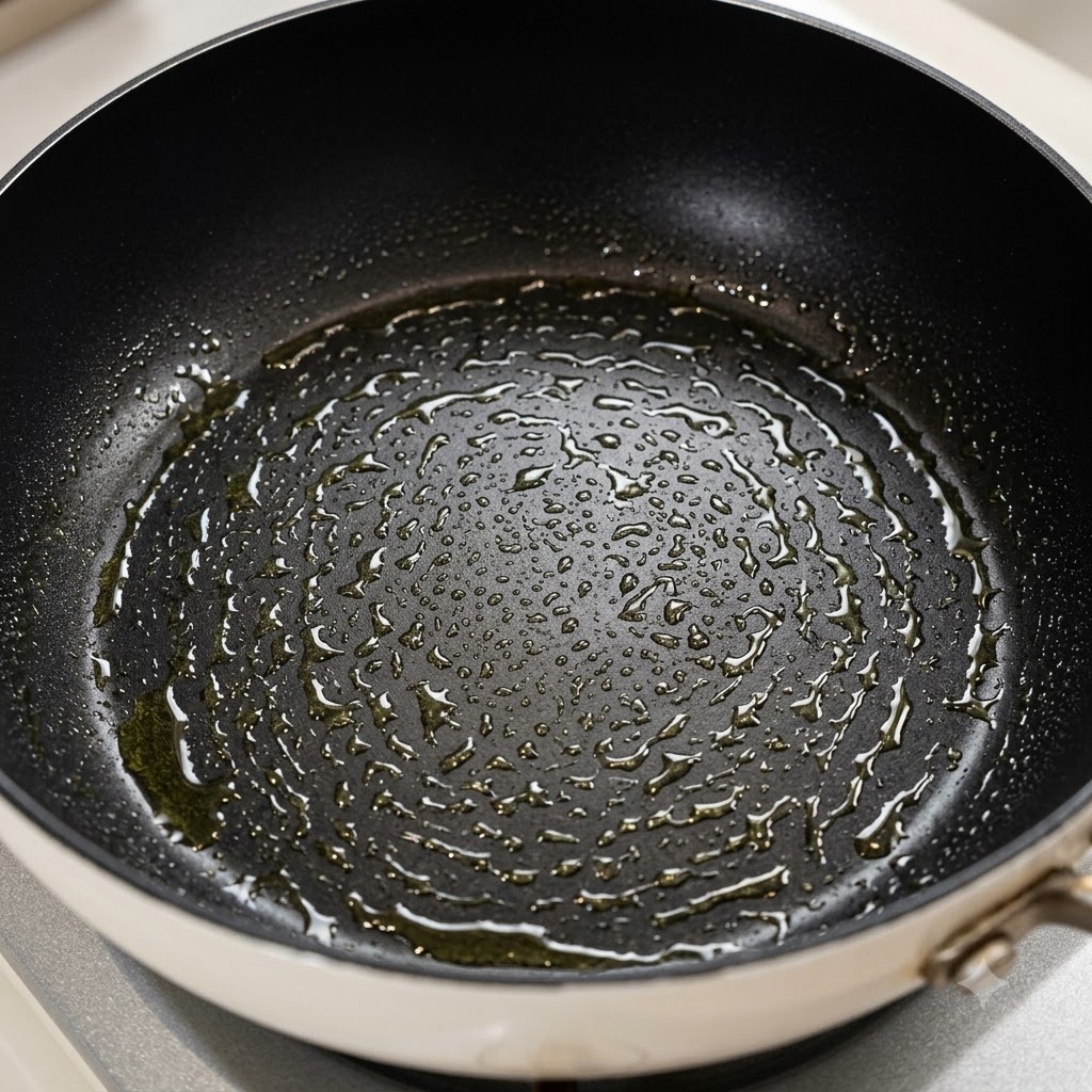 Une poêle noire à fond plat aspergée de gouttelettes dhuile, prête pour les raviolis.