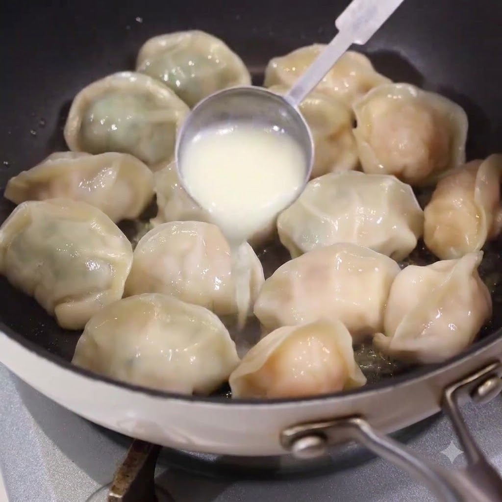 Une cuillère versant une pâte liquide blanche dans les interstices entre les raviolis cuisant dans une poêle.