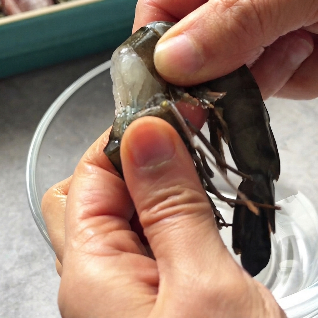 Des crevettes géantes tigrées en train dêtre décortiquées et déveinées au-dessus dun bol transparent.