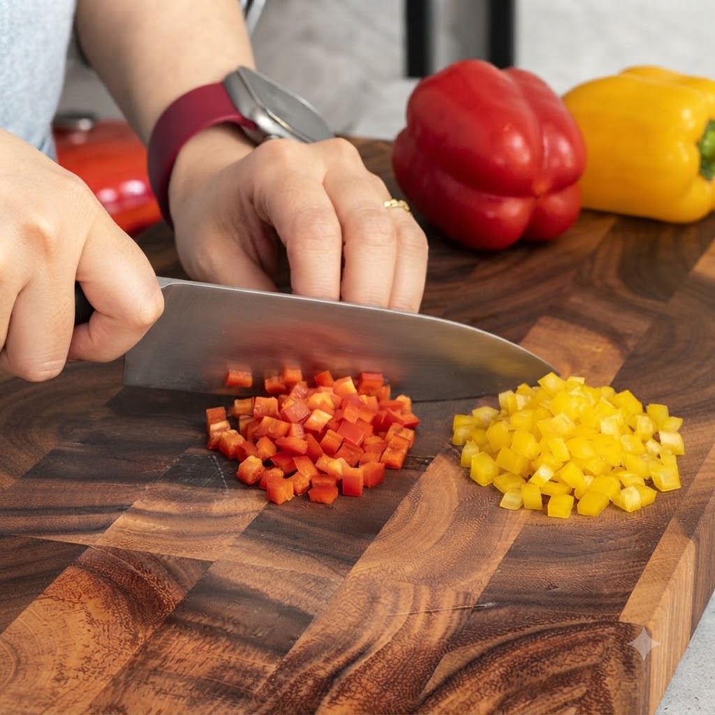 Des poivrons rouges et jaunes coupés en dés avec un couteau de chef sur une planche en bois.