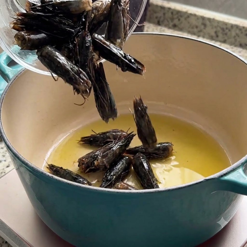 Des têtes de crevettes versées dans une casserole avec de lhuile dolive chaude pour en extraire la saveur.