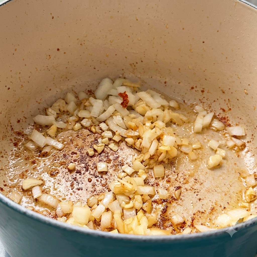 Des oignons et de lail hachés en train dêtre sautés au fond dune casserole de cuisson.
