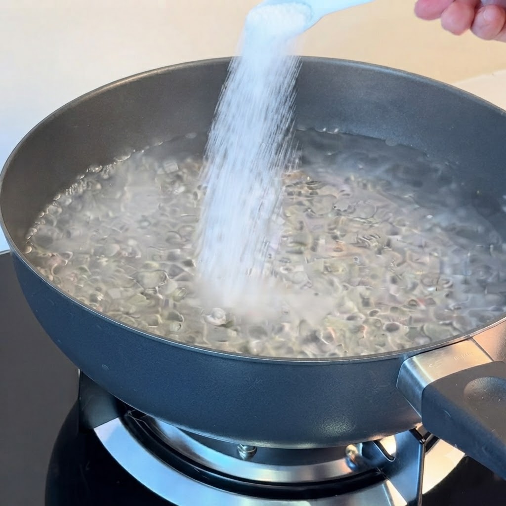 Une main tenant une cuillère blanche pour verser du sel dans une casserole foncée deau bouillante.