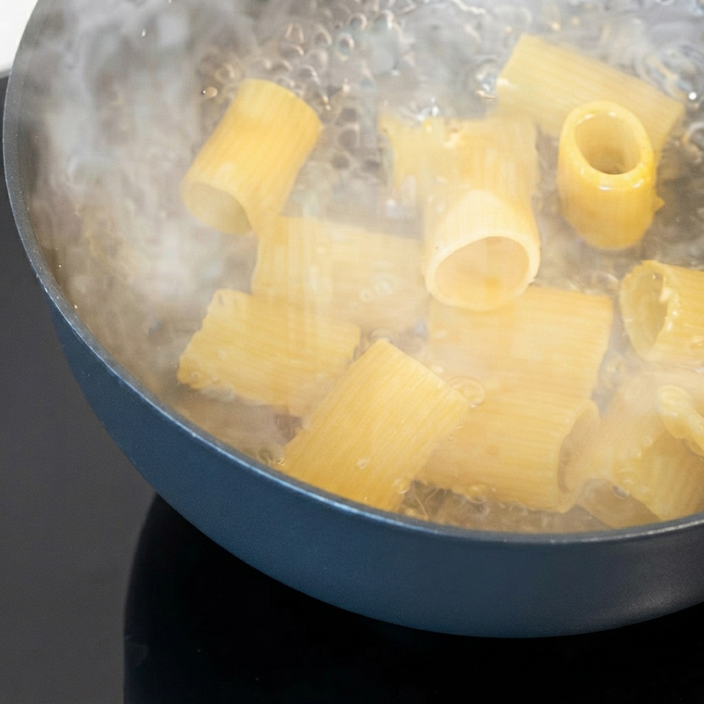 De grandes pâtes en tube sèches qui bouillent dans une casserole deau chaude.