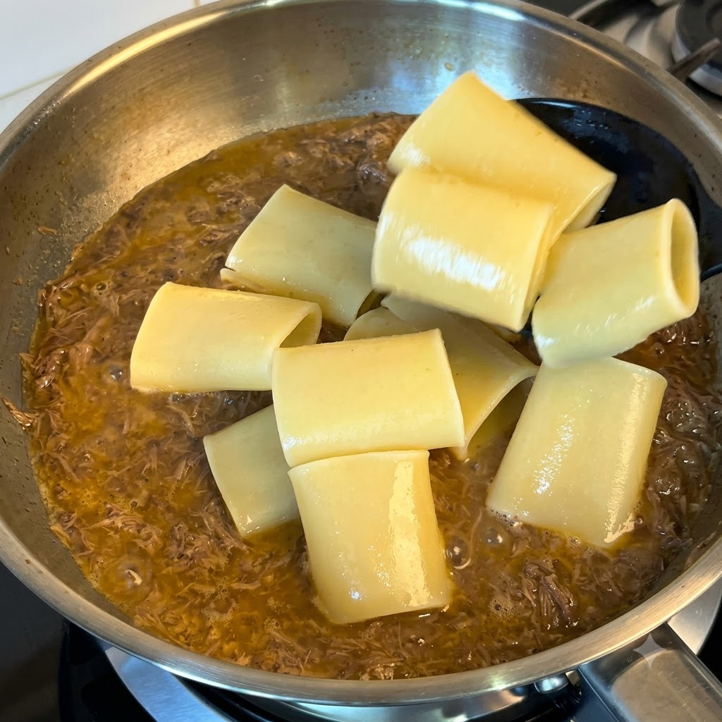 Une écumoire noire transférant des pâtes en tube cuites dans une poêle de sauce au bœuf frémissante.