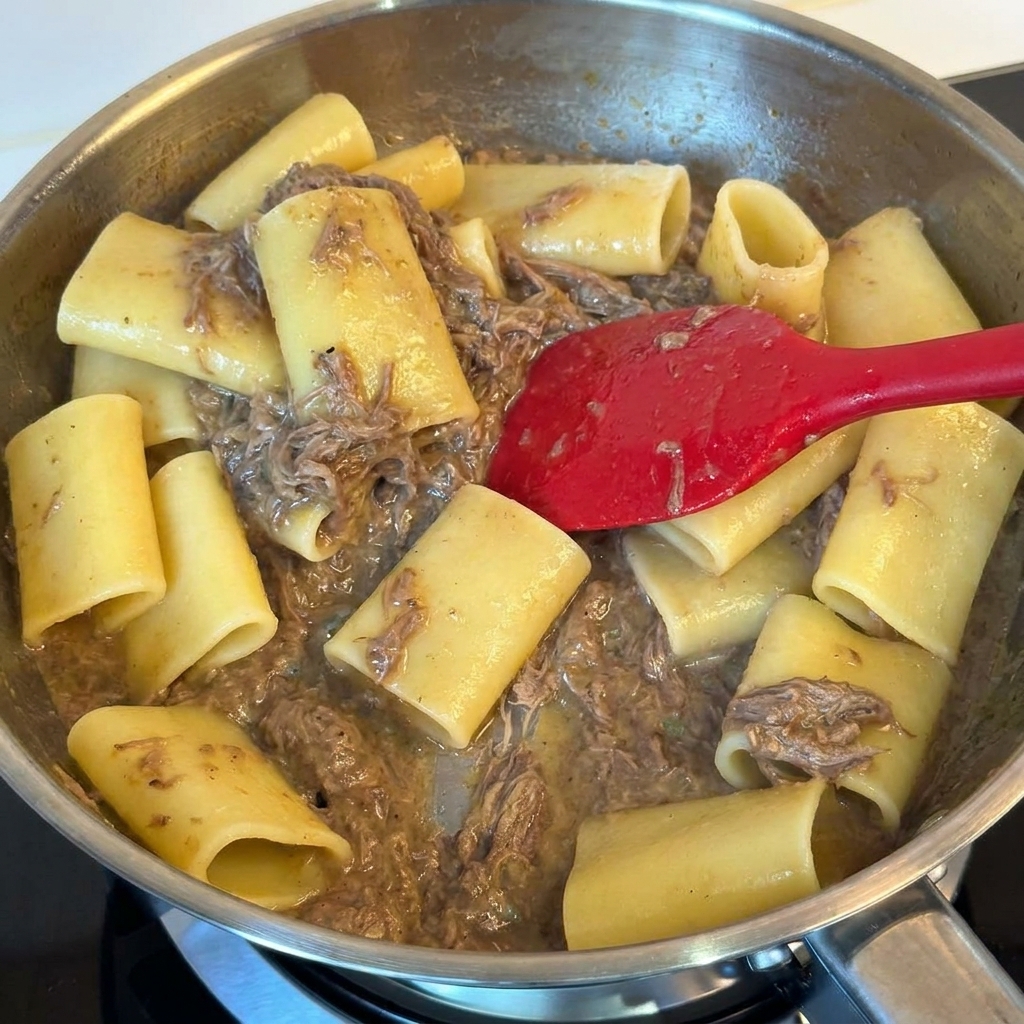 De grandes pâtes en tube mélangées avec du bœuf effiloché dans une poêle en acier inoxydable à laide dune spatule rouge.