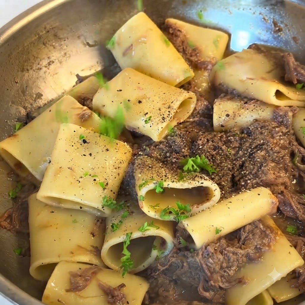 Du persil fraîchement haché et du poivre noir saupoudrés sur le plat de pâtes dans la poêle.