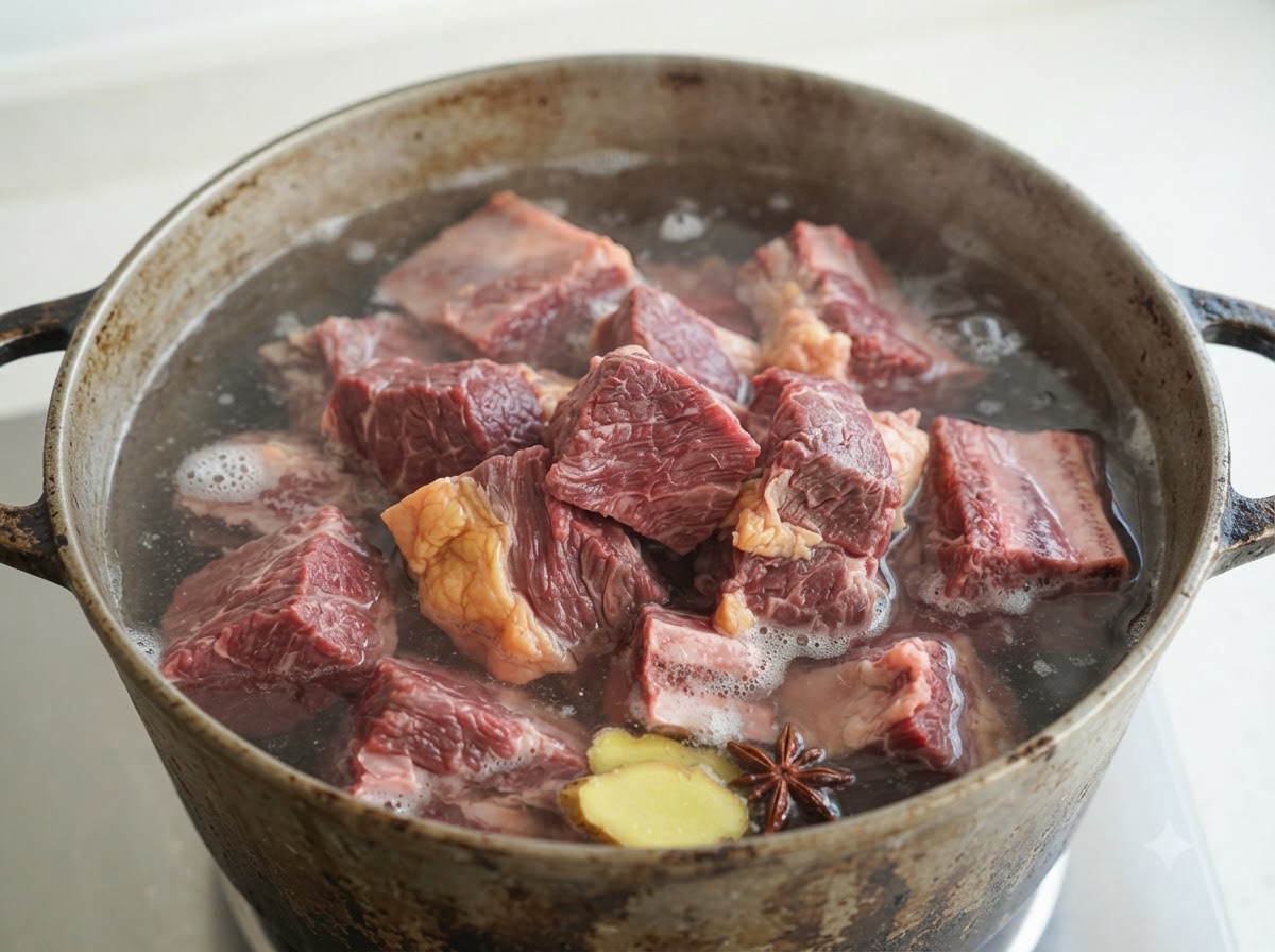 Bœuf cru et gingembre bouillant dans leau avec de la mousse sur le dessus.