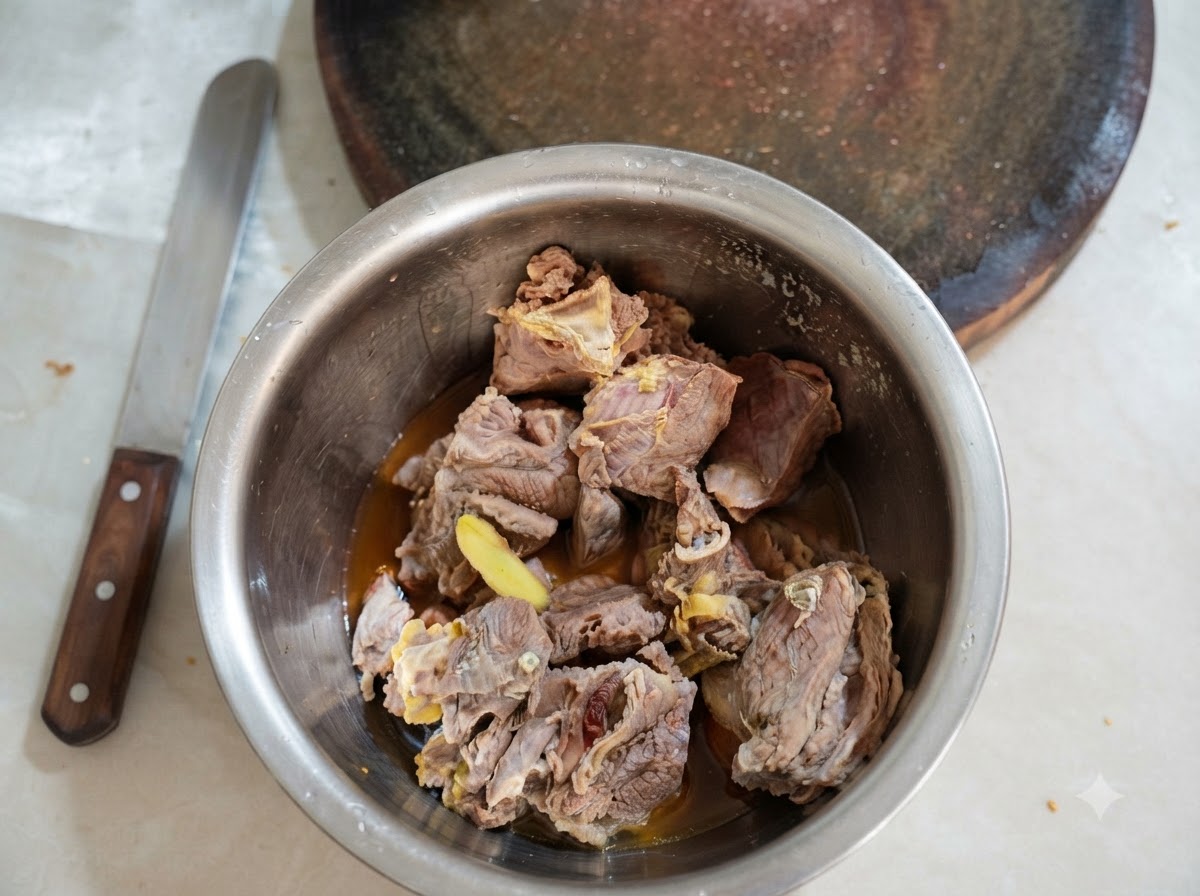 Morceaux de bavette de bœuf cuits dans un bol en métal à côté dune planche à découper.