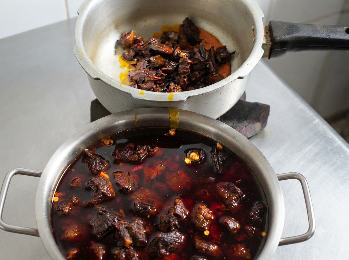 Bœuf braisé et sauce rouge riche transférés dun wok vers un grand récipient en métal.