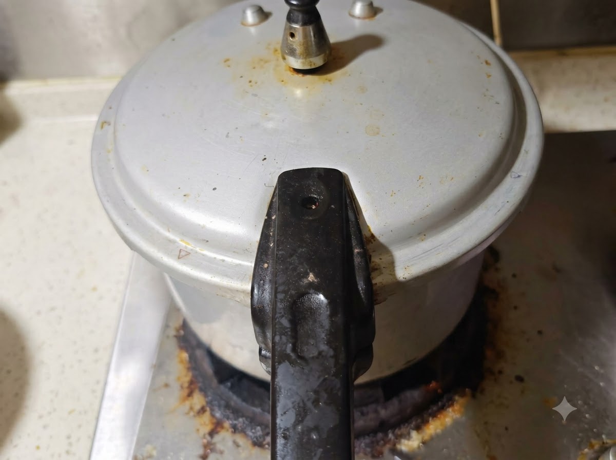 Un autocuiseur rempli du mélange de bœuf braisé, prêt à être scellé et cuit.