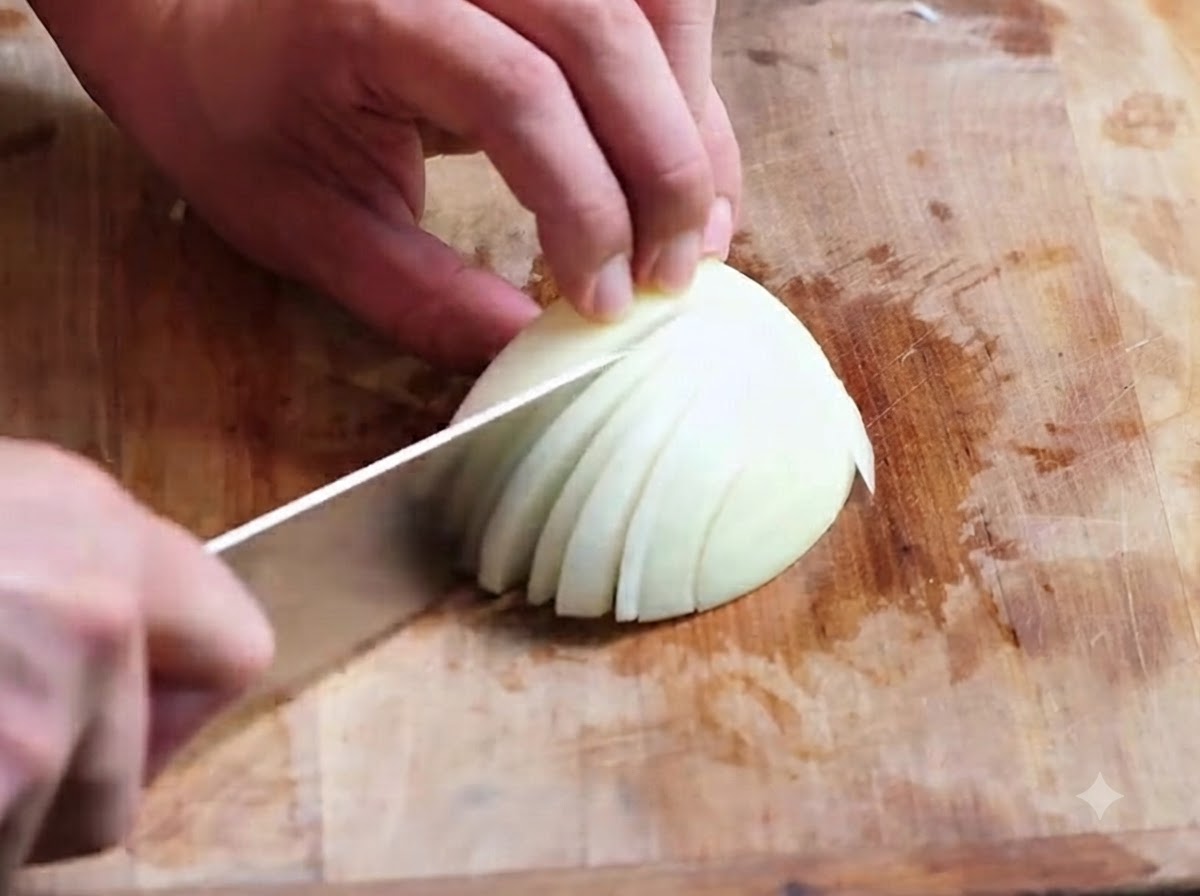 Un quart doignon coupé en petits morceaux avec un couteau sur une planche à découper en bois.